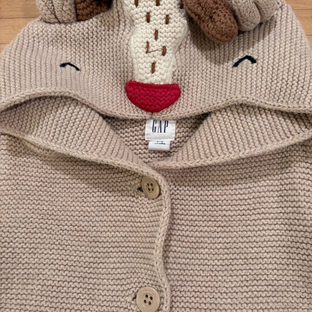 Baby Gap Reindeer Sweater Beige Tan Knit Button Christmas Holiday - Picture 3 of 5